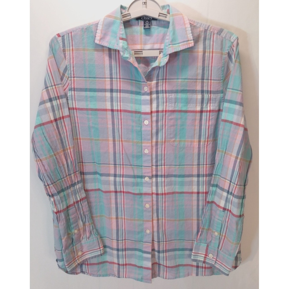 Chaps Long Sleeve Women's Button Up Shirt Top, Large, Pastel Plaid